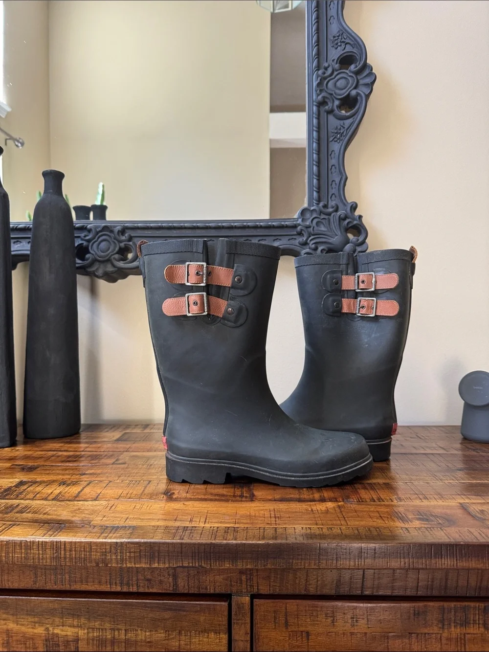 chooka Black Rain Boots with Tan Buckle Accents